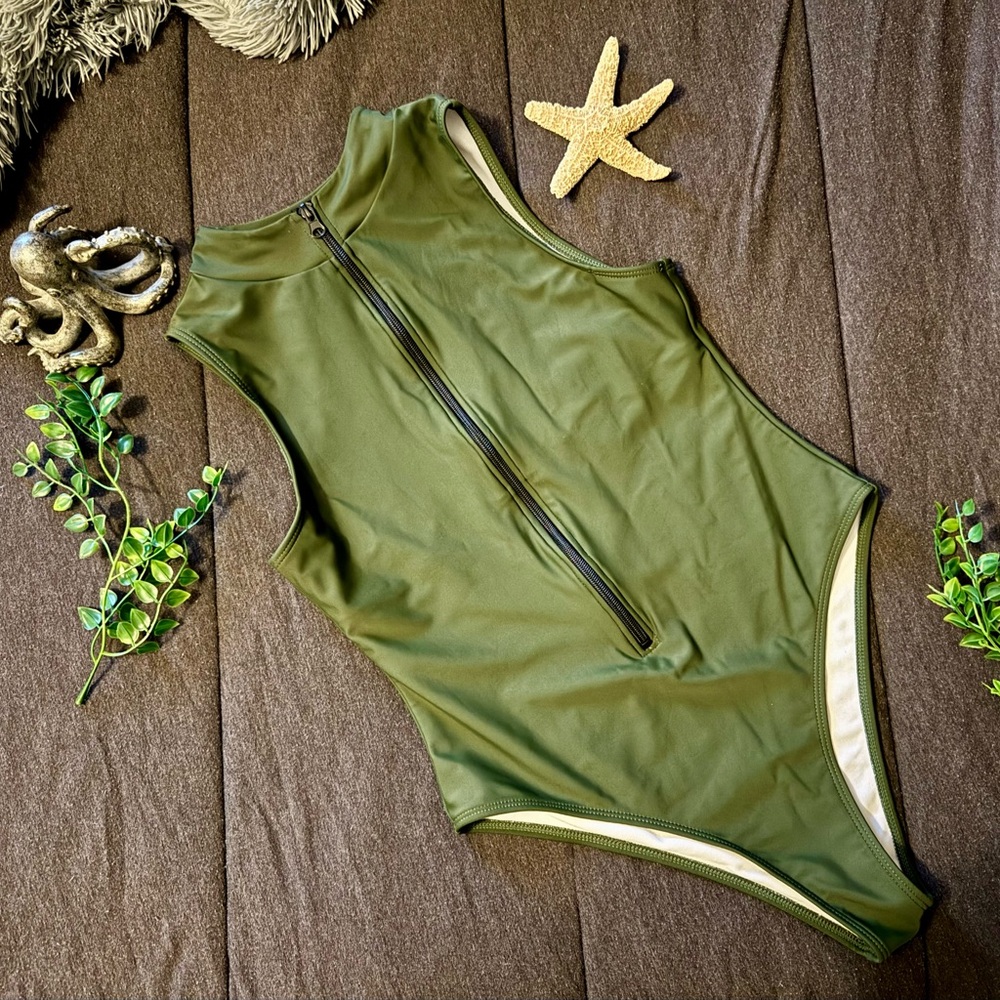 Olive Green Zip-Up Swimsuit Military Rash Guard